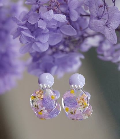 Purple Hydrangea handmade resin pressed multi flower dangle/ clip-ons earrings, resin dried/ real flower jewelry with Hypoallergenic S925 Sterling Silver 