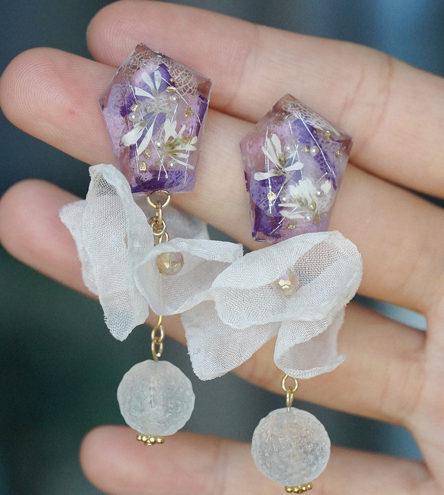 Valentine's Day Gift Romantic handmade resin pressed multi flower dangle/ clip-ons earrings, resin dried/ real flower jewelry with Hypoallergenic S925 Sterling Silver 