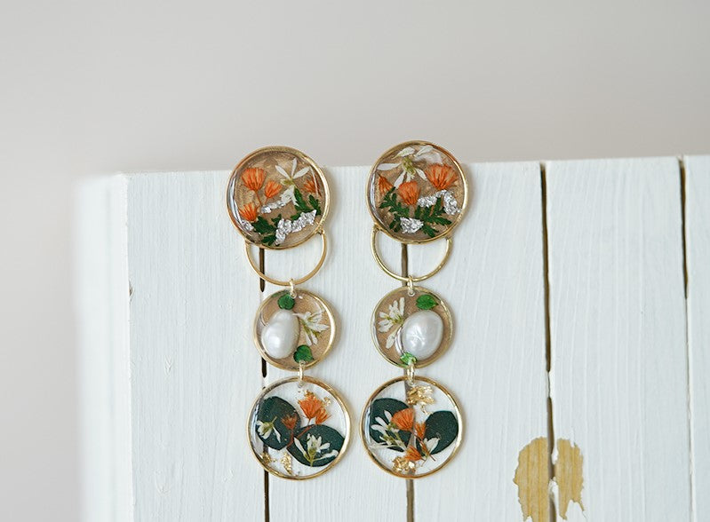 Spring garden handmade resin pressed multi flower dangle/ clip-ons earrings, resin dried/ real flower jewelry with Hypoallergenic S925 Sterling Silver 