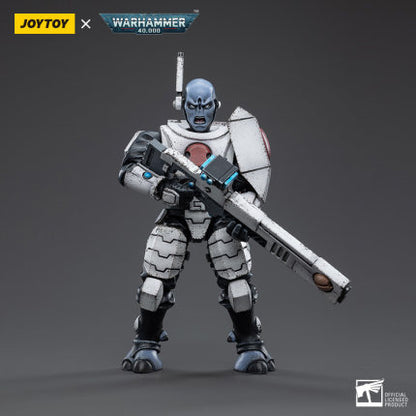 Joy Toy brings the Tau Empire Fire Warrior from Warhammer 40k to life with this new series of 1/18 scale figures. This JoyToy includes interchangeable hands and weapon accessories and stands between 4" and 6" tall.