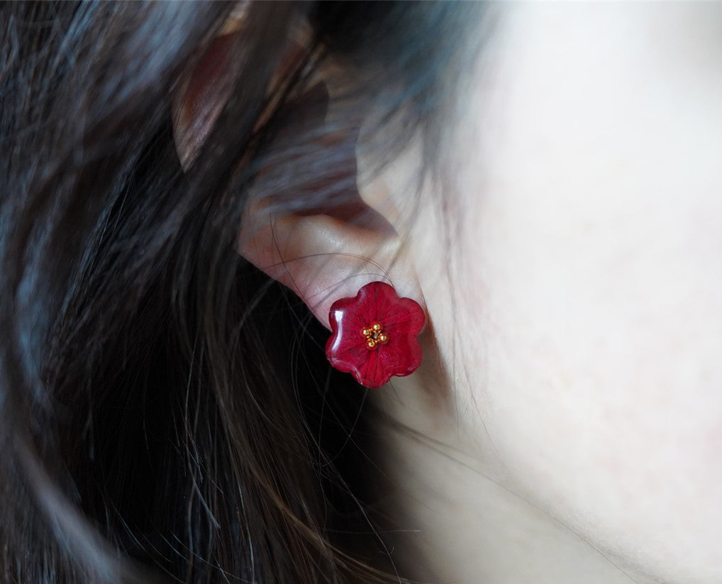 Red Rose handmade resin pressed multi flower stud/ clip-ons earrings, resin dried/ real flower jewelry with Hypoallergenic S925 Sterling Silver 