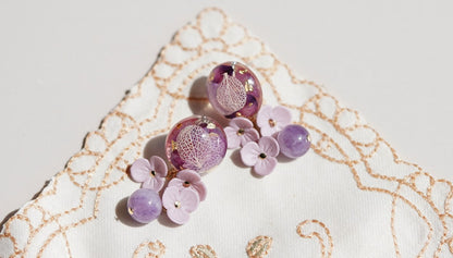 Lilac Handmade Flower Dangle Earrings with Natural Stone