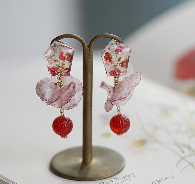 Romantic Handmade Cloth & Resin Flower Dangle Earrings