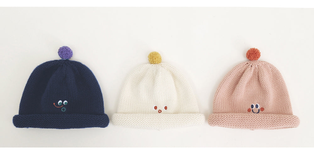 Cute Fashionable Knitted Beanie Hat Rolled Edge Unisex (White/ Pink Navy Blue) for school/ teenagers/ kids/ boys/ girls, suitable for travelling, going to school or casual hang out with friends. 