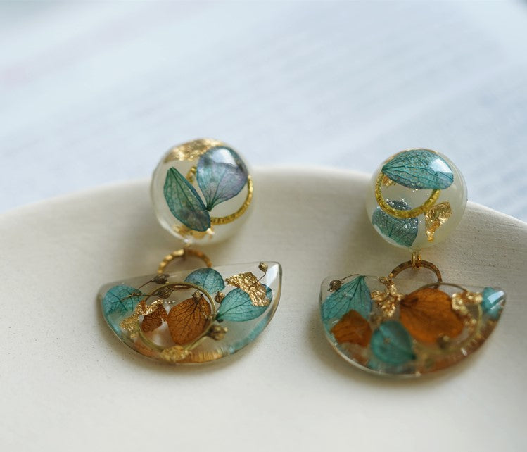 Gold Botanical elegant handmade resin pressed multi flower stud/ clip-ons summer earrings, resin dried/ real flower jewelry with Hypoallergenic S925 Sterling Silver 