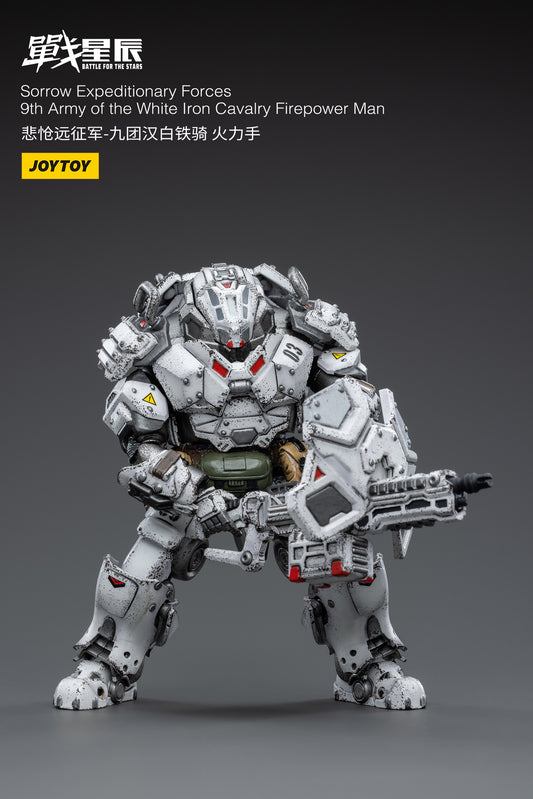 From Joy Toy, this Sorrow Expeditionary Forces 9th Army of the White Iron Cavalry Firepower Man action figure is incredibly detailed in 1/18 scale. JoyToy figure is highly articulated and includes weapon accessories as well as interchangeable hands.