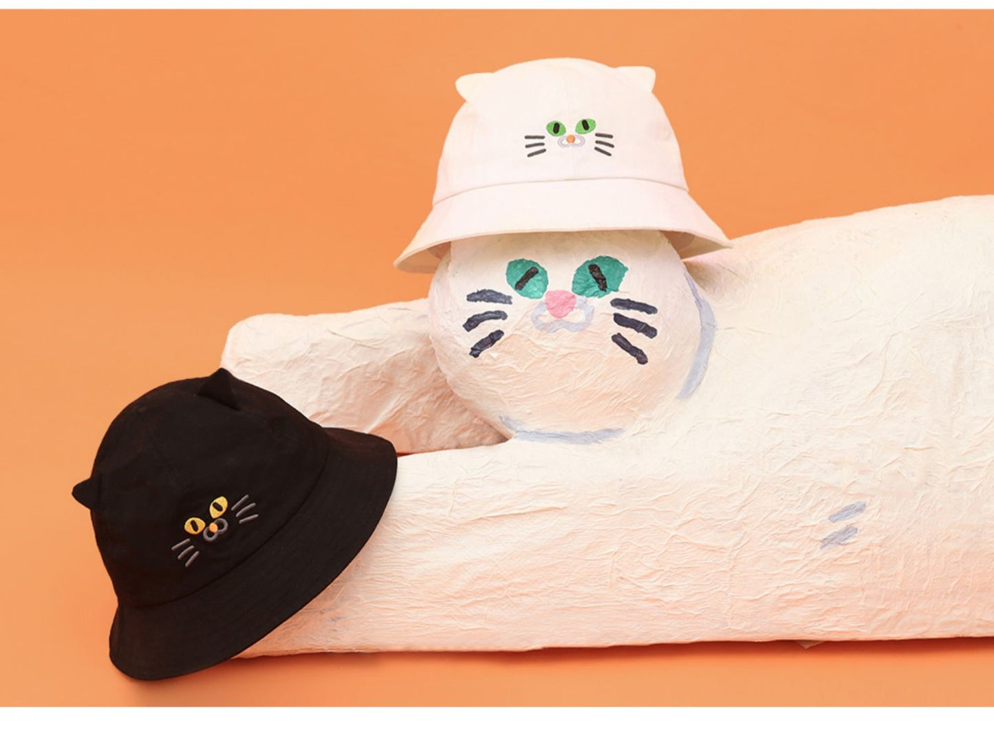 Cute Fashionable Kitty Cat Face Bucket Hat Unisex (Black/ White)