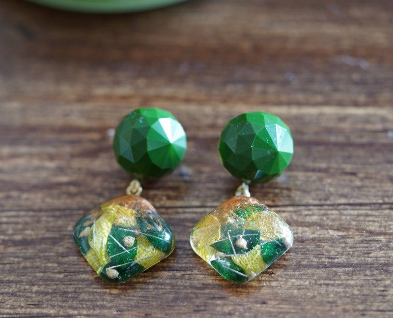 Vintage Green handmade resin pressed multi flower dangle/ clip-ons earrings, resin dried/ real flower jewelry with Hypoallergenic S925 Sterling Silver 