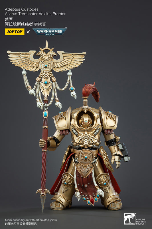 Joy Toy brings Adeptus Custodes Allarus Terminator Vexilus Praetor 1/18 scale figures. JoyToy each figure includes interchangeable hands and weapon accessories and stands between 4" and 6" tall.