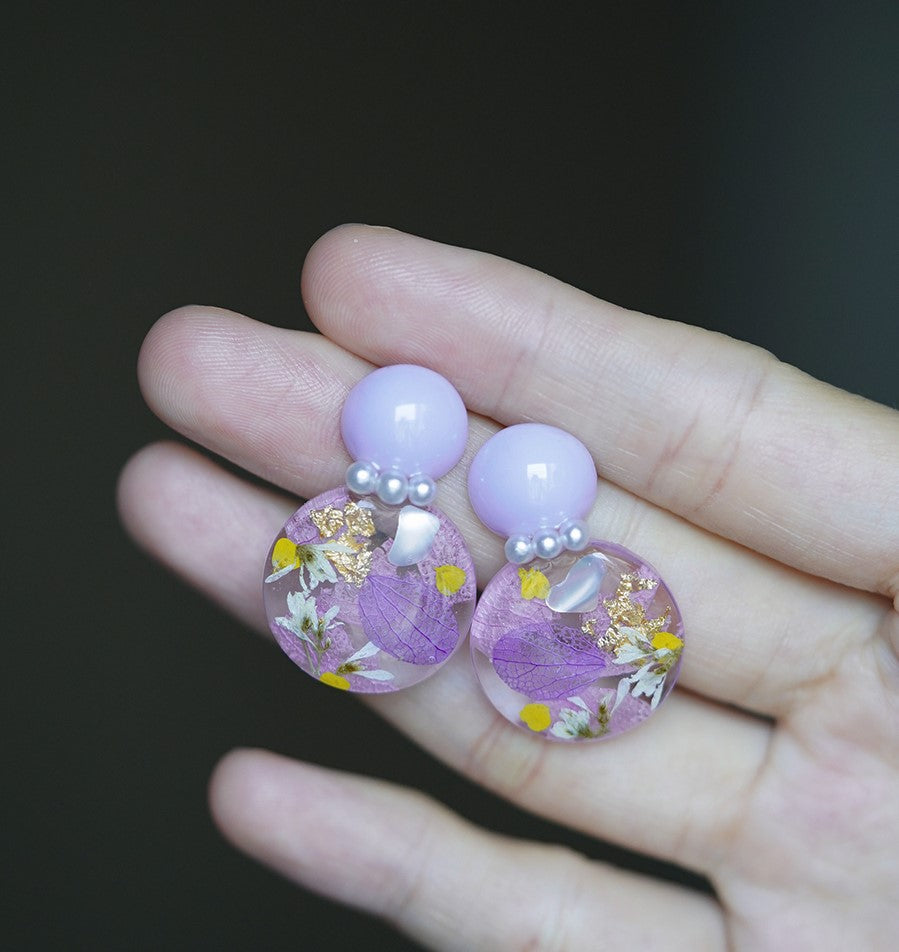 Purple Hydrangea handmade resin pressed multi flower dangle/ clip-ons earrings, resin dried/ real flower jewelry with Hypoallergenic S925 Sterling Silver 