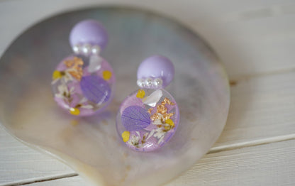 Purple Hydrangea handmade resin pressed multi flower dangle/ clip-ons earrings, resin dried/ real flower jewelry with Hypoallergenic S925 Sterling Silver 