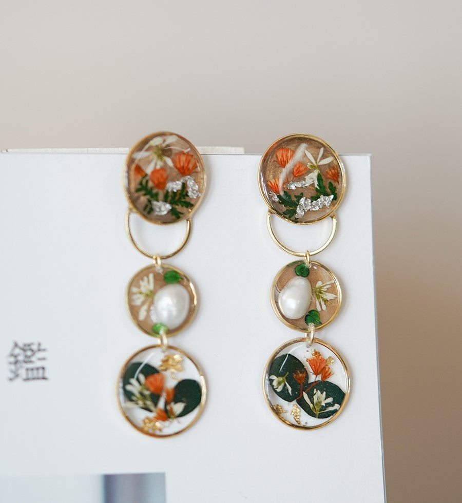 Spring garden handmade resin pressed multi flower dangle/ clip-ons earrings, resin dried/ real flower jewelry with Hypoallergenic S925 Sterling Silver 