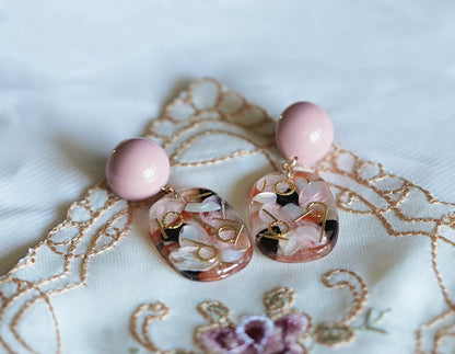 Vintage Pink handmade resin pressed multi flower dangle/ clip-ons earrings, resin dried/ real flower jewelry with Hypoallergenic S925 Sterling Silver 