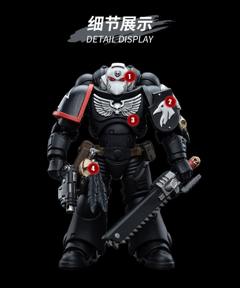 Joy Toy brings Raven Guard Intercessors from Warhammer 40k to life with this new series of 1/18 scale figures! Each figure typically includes interchangeable hands and weapon accessories and stands between 4" and 6" tall.