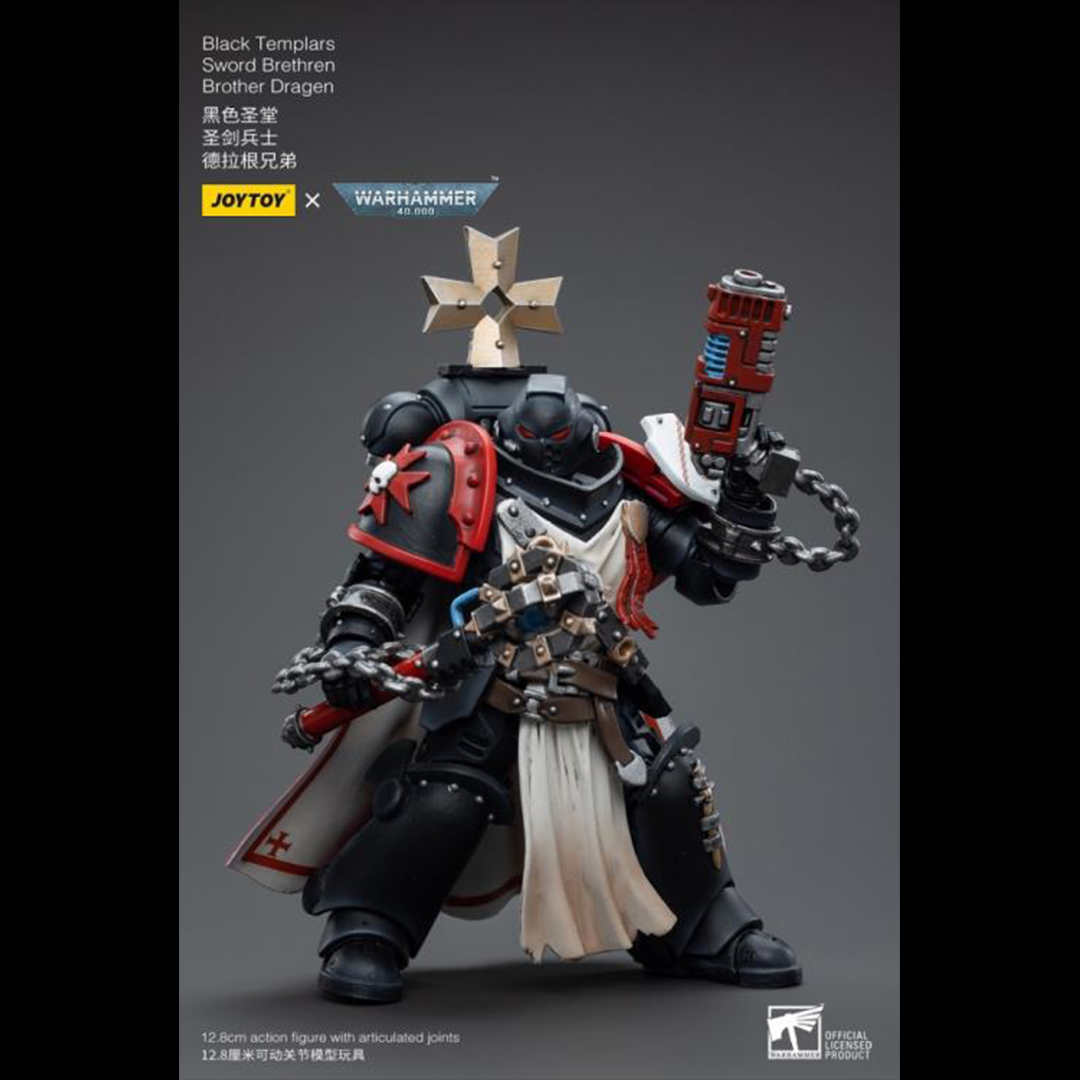 This is a 1/18 scale highly detailed, articulated figure based on Warhammer 40k's Brother Dragen of the Black Templars Sword Brethren. The Brother Dragen figure stands just over 5 inches tall and comes with several interchangeable parts and accessories, opening the door to a plethora of different and unique display opportunities.