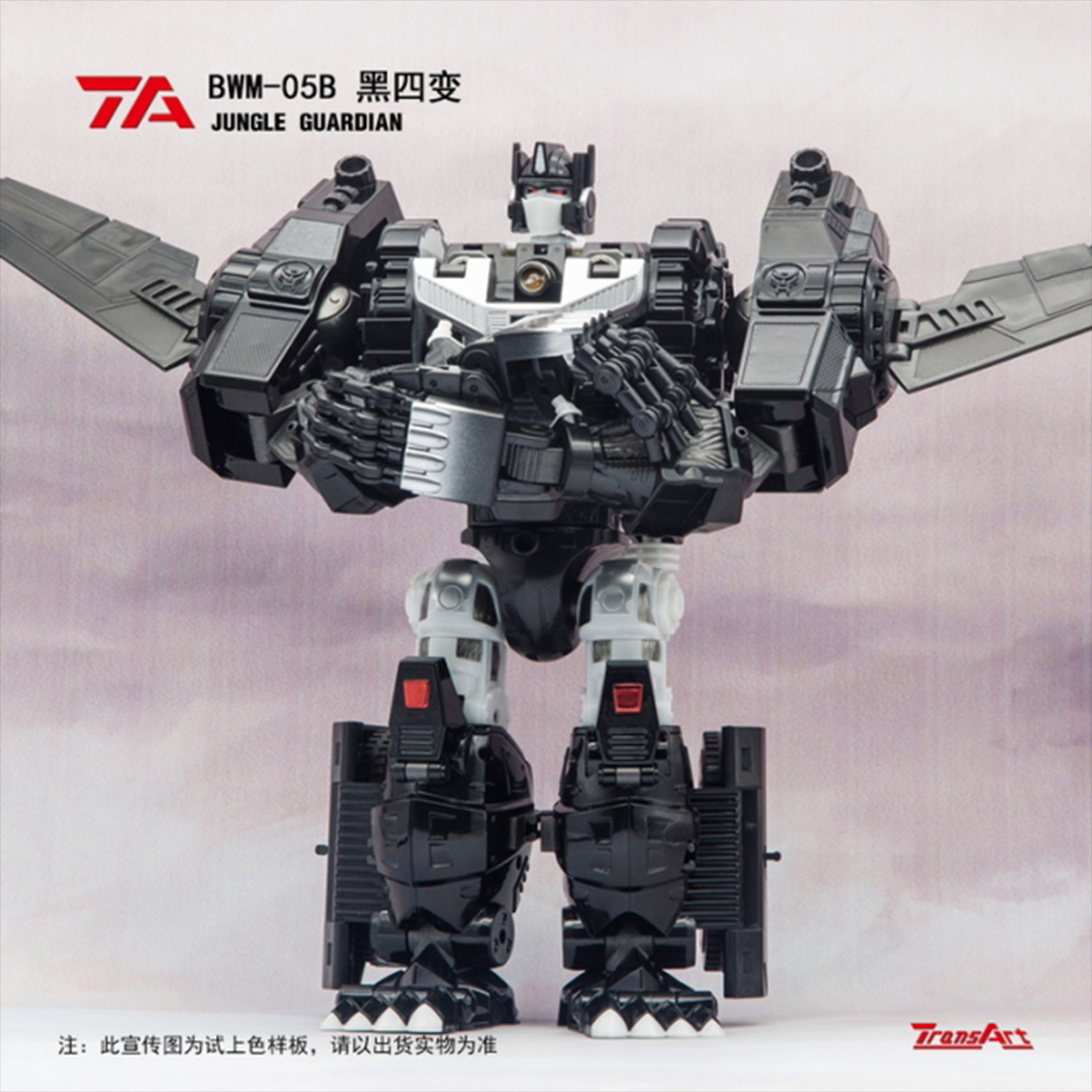 TransArt introduces their release BWM-05B Jungle Guardian!  Standing an impressive 9.4 inches in robot mode, BWM-05B is Masterpiece Scale and features 4 different modes: Robot,  Ape, Jet, and Armored Transport.  Comes in a metallic finish with die-cast parts. 