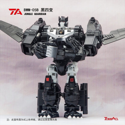 TransArt introduces their release BWM-05B Jungle Guardian!  Standing an impressive 9.4 inches in robot mode, BWM-05B is Masterpiece Scale and features 4 different modes: Robot,  Ape, Jet, and Armored Transport.  Comes in a metallic finish with die-cast parts. 