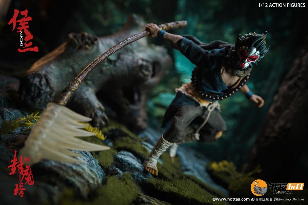 This 1/12 scale articulated figure of the martial artist monk Wukong measures around 6.5 inches tall and features real fabric clothing, alternate hands, monkey mask, beaded necklace, 2 bananas, and his monk staff. This deluxe version also comes with an alternate monkey head sculpt, golden palm effect, 2 ape forearms with fists, wind effects, and 2 extra staffs. 