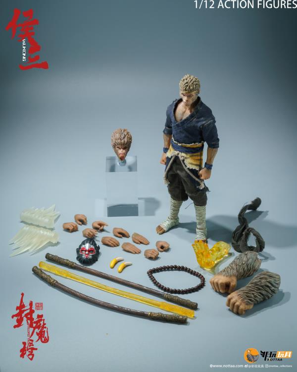 This 1/12 scale articulated figure of the martial artist monk Wukong measures around 6.5 inches tall and features real fabric clothing, alternate hands, monkey mask, beaded necklace, 2 bananas, and his monk staff. This deluxe version also comes with an alternate monkey head sculpt, golden palm effect, 2 ape forearms with fists, wind effects, and 2 extra staffs. 