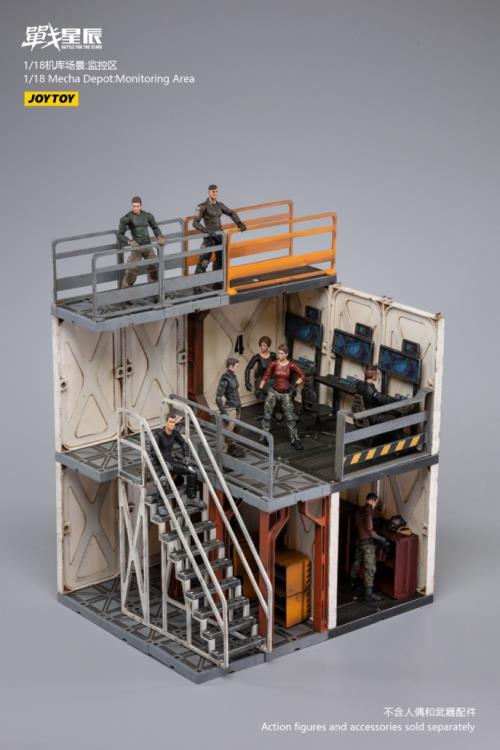 Joy Toy brings even more incredibly detailed 1/18 scale dioramas to life with this mecha depot monitoring area diorama! This set includes flooring, a pair of lower deck rooms, a monitoring room, railings, and a staircase.