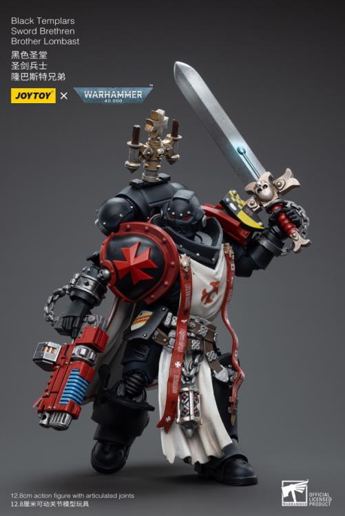 This is a 1/18 scale highly detailed, articulated figure based on Warhammer 40k's Brother Lombast of the Black Templars Sword Brethren. The Brother Lombast figure stands just over 5 inches tall and comes with several interchangeable parts and accessories, opening the door to a plethora of different and unique display opportunities.