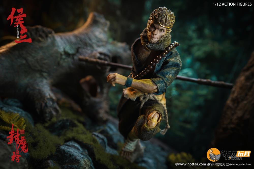 This 1/12 scale articulated figure of the martial artist monk Wukong measures around 6.5 inches tall and features real fabric clothing, alternate hands, monkey mask, beaded necklace, 2 bananas, and his monk staff. This deluxe version also comes with an alternate monkey head sculpt, golden palm effect, 2 ape forearms with fists, wind effects, and 2 extra staffs. 