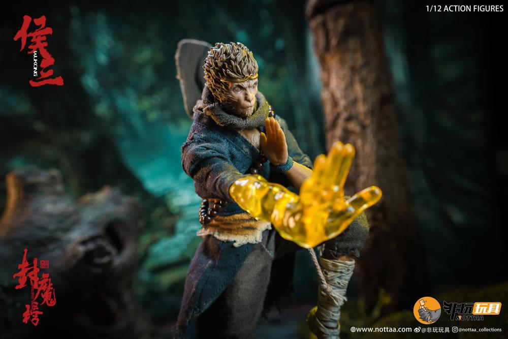 This 1/12 scale articulated figure of the martial artist monk Wukong measures around 6.5 inches tall and features real fabric clothing, alternate hands, monkey mask, beaded necklace, 2 bananas, and his monk staff. This deluxe version also comes with an alternate monkey head sculpt, golden palm effect, 2 ape forearms with fists, wind effects, and 2 extra staffs. 