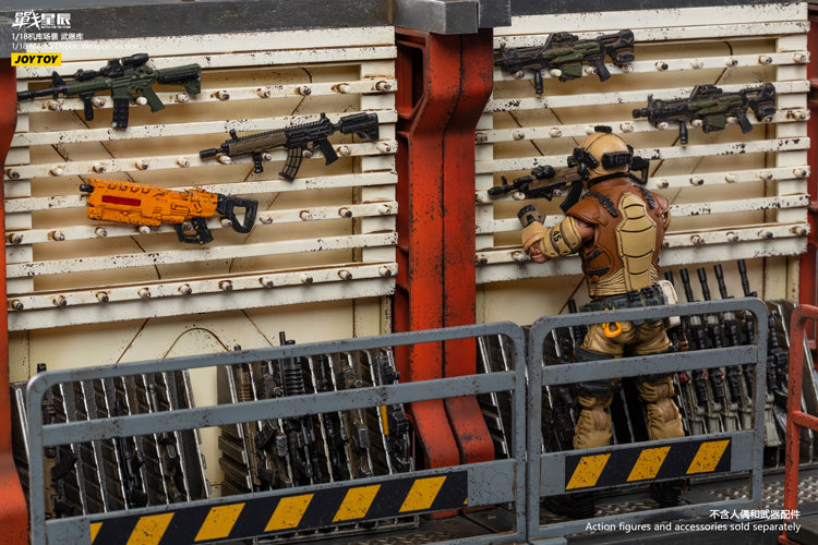 Joy Toy brings even more incredibly detailed 1/18 scale dioramas to life with this mecha depot weaponry diorama! This set includes flooring, a weapon-holding wall, and a staircase leading up to an upper railed walkway.