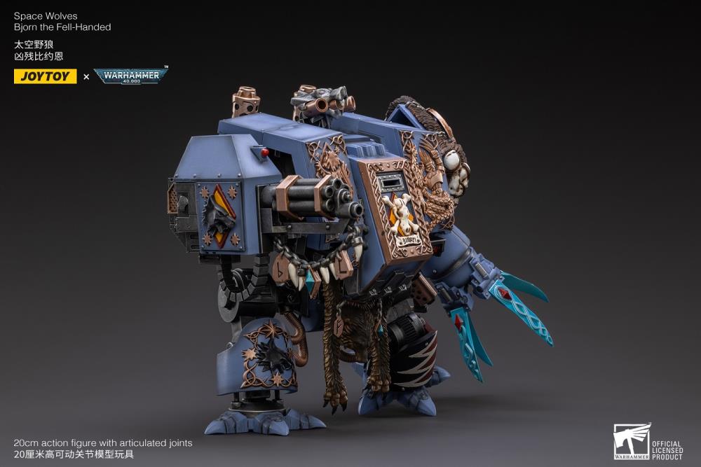 Joy Toy Warhammer 40k Space Wolves Bjorn The Fell-Handed 1/18 Scale Figure JT2924. Interred in a custom-built Dreadnought, JoyToy Bjorn is a legendary figure amongst the Space Wolves, for he fought in the Horus Heresy amongst the retinue of Leman Russ himself. 