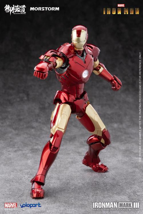 This 1/9 scale Eastern Model Morstorm Marvel Iron Man Mark III model features plastic and die-cast parts for a more real feel. Once assembled, this kit becomes a fully articulated figure with a diorama display and stand.