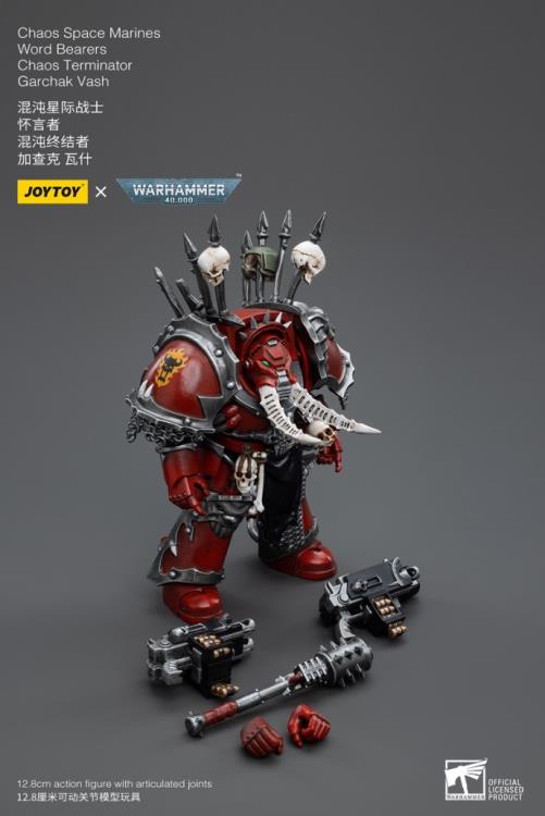 This is a 1/18 scale highly detailed, articulated figure based on Warhammer 40k's Chaos Terminator Garchak Vash of the Chaos Space Marines Word Bearers. The Chaos Terminator Garchak Vash figure stands just over 5 inches tall and comes with several interchangeable parts and accessories, opening the door to a plethora of different and unique display opportunities.