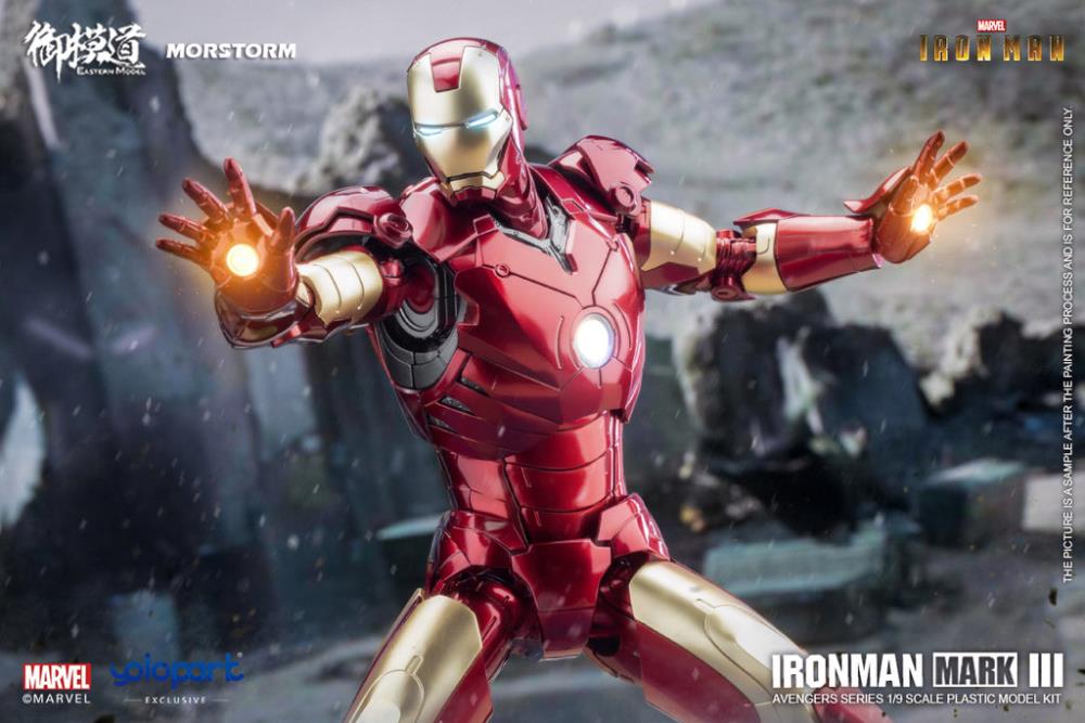 This 1/9 scale Eastern Model Morstorm Marvel Iron Man Mark III model features plastic and die-cast parts for a more real feel. Once assembled, this kit becomes a fully articulated figure with a diorama display and stand.