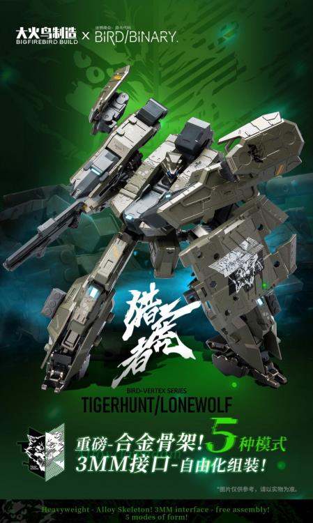 Big Fire Bird (Bigfirebird build)x Bird Binary brings you their new figure, BV-01 Tigerhunt Type-N! This new figure features removable armor and stands almost 7 inches tall. This figure comes with several weapons and accessories for a wide array of poses.