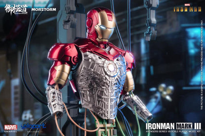 This 1/9 scale Eastern Model Morstorm Marvel Iron Man Mark III model features plastic and die-cast parts for a more real feel. Once assembled, this kit becomes a fully articulated figure with a diorama display and stand.