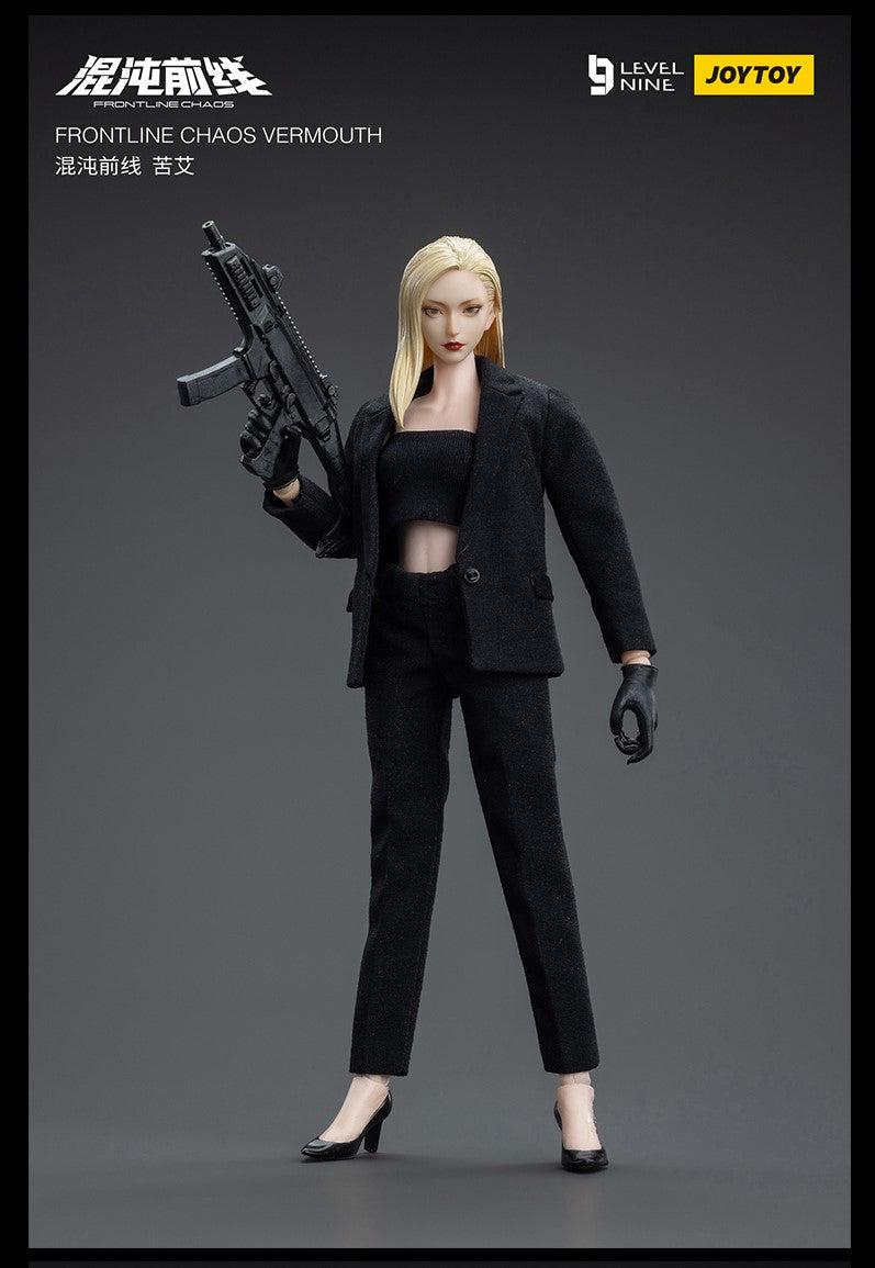 Joy Toy Frontline Chaos figure series continues in 1/12 Scale. Dressed in real cloth and stylish clothing, JoyToy Vermouth and Bourbon figure is ready to run into battle with her weapon combos. 