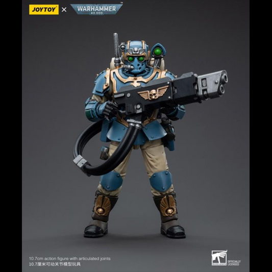 This is a 1/18 scale highly detailed, articulated figure based on Warhammer 40k's Hot-Shot Volley Gunner of the Astra Militarum Tempestus 55th Kappic Eagles. The Volley Gunner figure stands about 4.20 inches tall and comes with several interchangeable parts and accessories, opening the door to a plethora of different and unique display opportunities.
