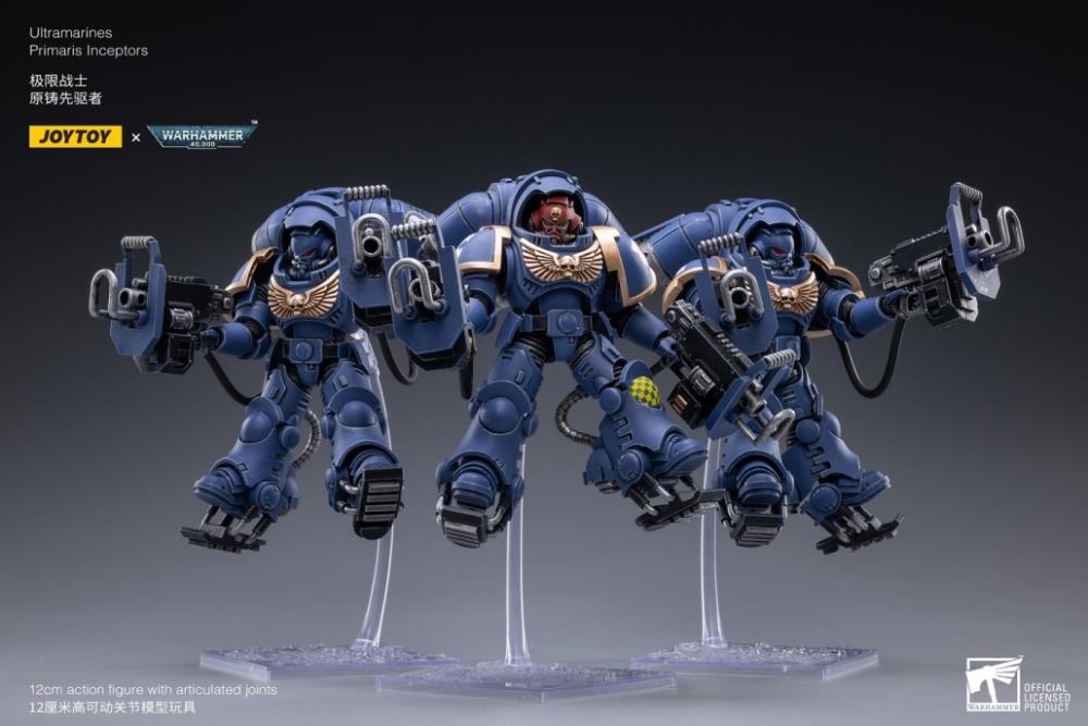 Joy Toy brings the Inceptors to life with this set of Warhammer 40K Ultramarines Primaris Inceptors box of 3 figures. The JoyToy Ultramarines are the most elite of the Space Marine Chapters in the Imperium of Man. Recreate the most important battles with this set of highly disciplined and courageous warriors.