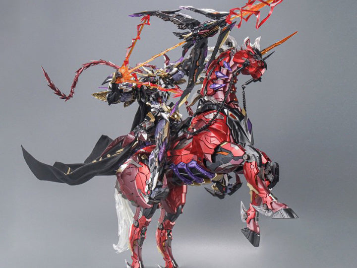 The Legend of Star General series kicks off with Motor Nuclear's MNQ-05X God of War, Lu Bu, in 1/72 scale!  This deluxe version comes with a gorgeous stallion for it to ride, perfect for displaying in the midst of battle. The set also includes various weapons like a bow and arrow and a flexible cloak.