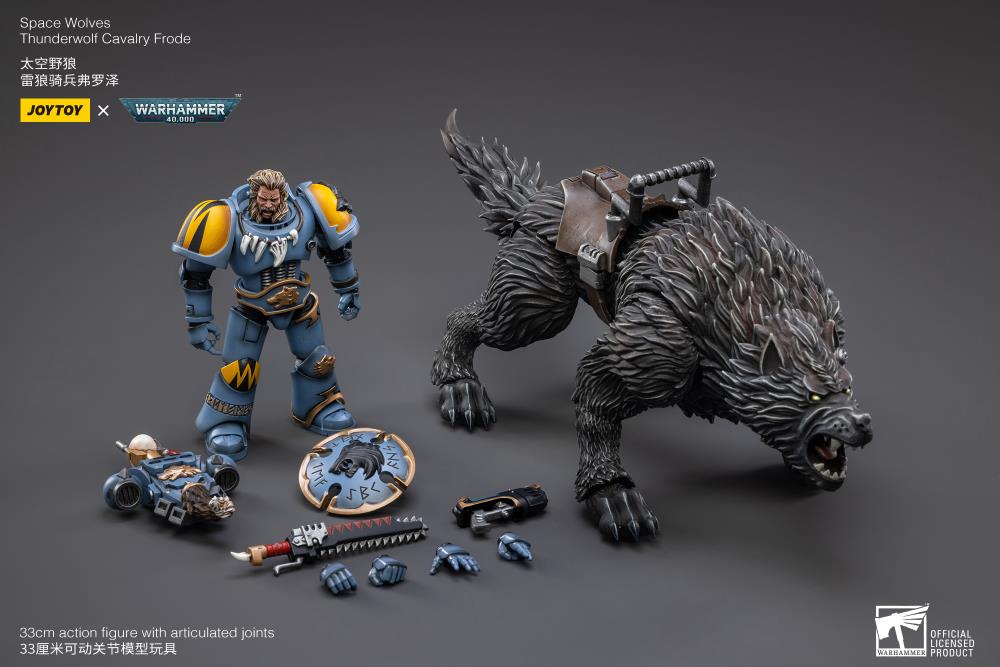 From Joy Toy, the Mountains of the Maelstrom come the legendary Space Wolves Thunderwolf, Cavalry Bjane and Frode ride into battle on his giant wolf as a detailed 1/8 scale figure. Each JoyToy figure includes interchangeable hands and weapon accessories and stands between 4" and 6" tall.