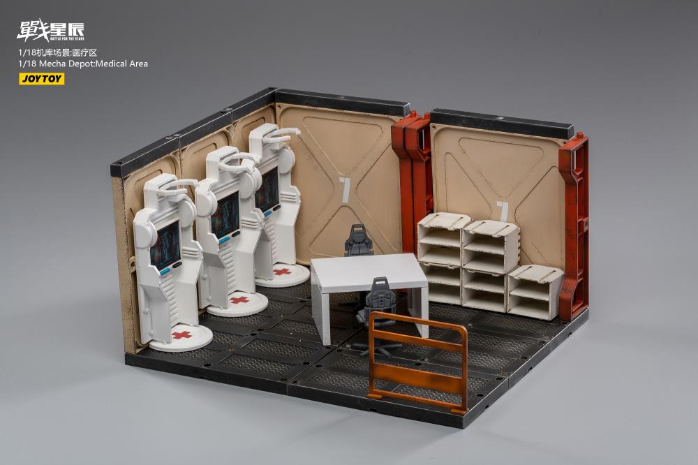Joy Toy brings even more incredibly detailed 1/18 scale dioramas to life with this mecha depot medical area diorama! JoyToy set includes flooring, desk, supply shelves, and medical pods.