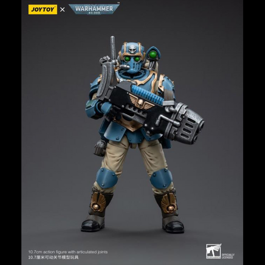 This is a 1/18 scale highly detailed, articulated figure based on Warhammer 40k's Plasma Gunner of the Astra Militarum Tempestus 55th Kappic Eagles. The Plasma Gunner figure stands about 4.20 inches tall and comes with several interchangeable parts and accessories, opening the door to a plethora of different and unique display opportunities.