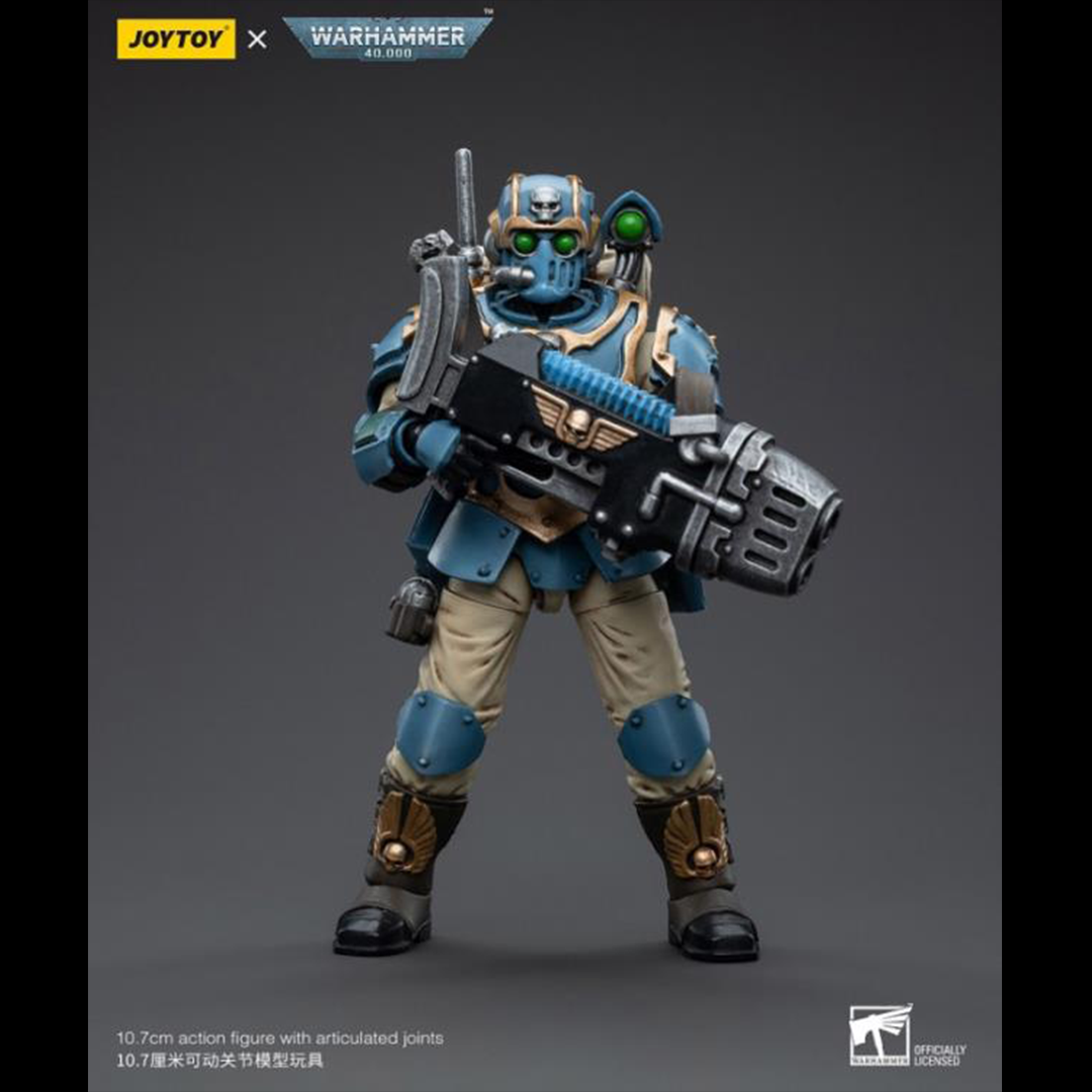 This is a 1/18 scale highly detailed, articulated figure based on Warhammer 40k's Plasma Gunner of the Astra Militarum Tempestus 55th Kappic Eagles. The Plasma Gunner figure stands about 4.20 inches tall and comes with several interchangeable parts and accessories, opening the door to a plethora of different and unique display opportunities.