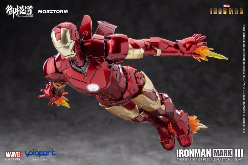 This 1/9 scale Eastern Model Morstorm Marvel Iron Man Mark III model features plastic and die-cast parts for a more real feel. Once assembled, this kit becomes a fully articulated figure with a diorama display and stand.