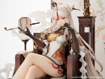From the popular miHoYo video game Genshin Impact comes a beautiful 1/7th scale figure of Ningguang! Sitting in her throne with sculpted smoke drifting around her, Ninguang measures around 10 by 12 inches on her diorama.