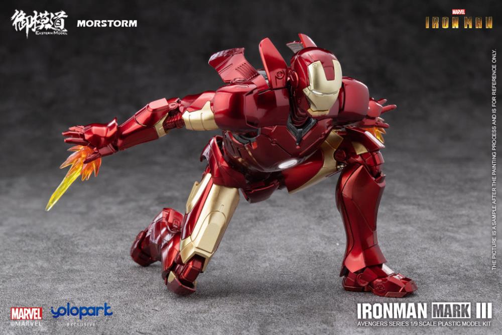 This 1/9 scale Eastern Model Morstorm Marvel Iron Man Mark III model features plastic and die-cast parts for a more real feel. Once assembled, this kit becomes a fully articulated figure with a diorama display and stand.