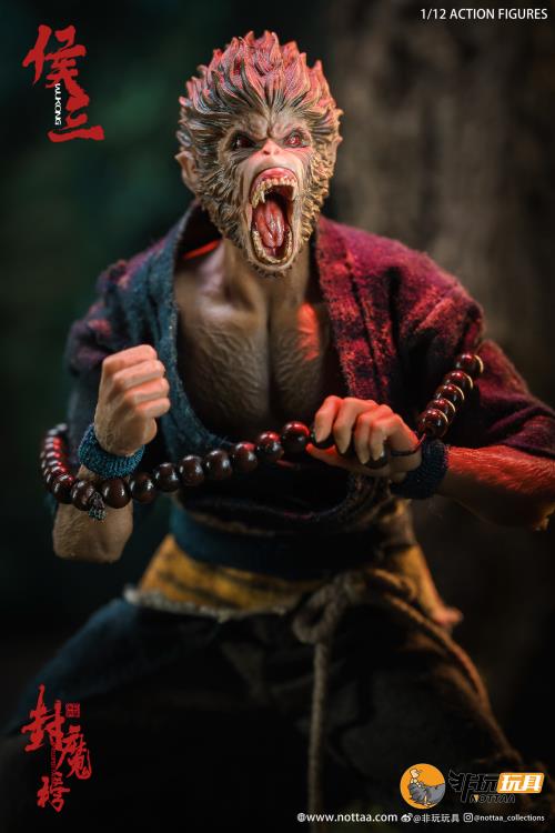 This 1/12 scale articulated figure of the martial artist monk Wukong measures around 6.5 inches tall and features real fabric clothing, alternate hands, monkey mask, beaded necklace, 2 bananas, and his monk staff. This deluxe version also comes with an alternate monkey head sculpt, golden palm effect, 2 ape forearms with fists, wind effects, and 2 extra staffs. 