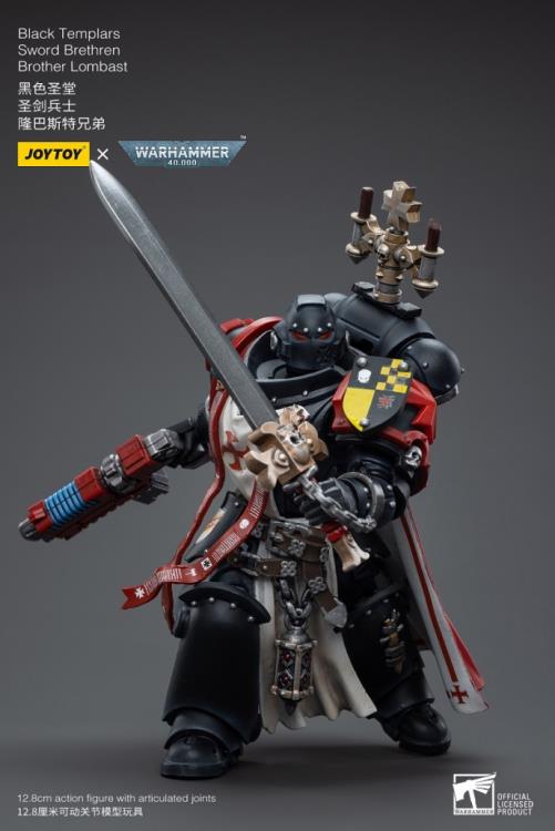 This is a 1/18 scale highly detailed, articulated figure based on Warhammer 40k's Brother Lombast of the Black Templars Sword Brethren. The Brother Lombast figure stands just over 5 inches tall and comes with several interchangeable parts and accessories, opening the door to a plethora of different and unique display opportunities.