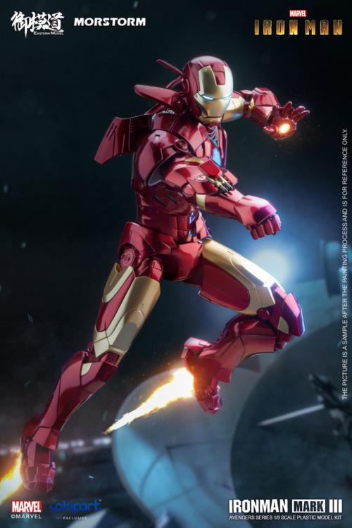 This 1/9 scale Eastern Model Morstorm Marvel Iron Man Mark III model features plastic and die-cast parts for a more real feel. Once assembled, this kit becomes a fully articulated figure with a diorama display and stand.