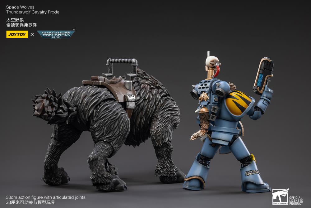 From Joy Toy, the Mountains of the Maelstrom come the legendary Space Wolves Thunderwolf, Cavalry Bjane and Frode ride into battle on his giant wolf as a detailed 1/8 scale figure. Each JoyToy figure includes interchangeable hands and weapon accessories and stands between 4" and 6" tall.