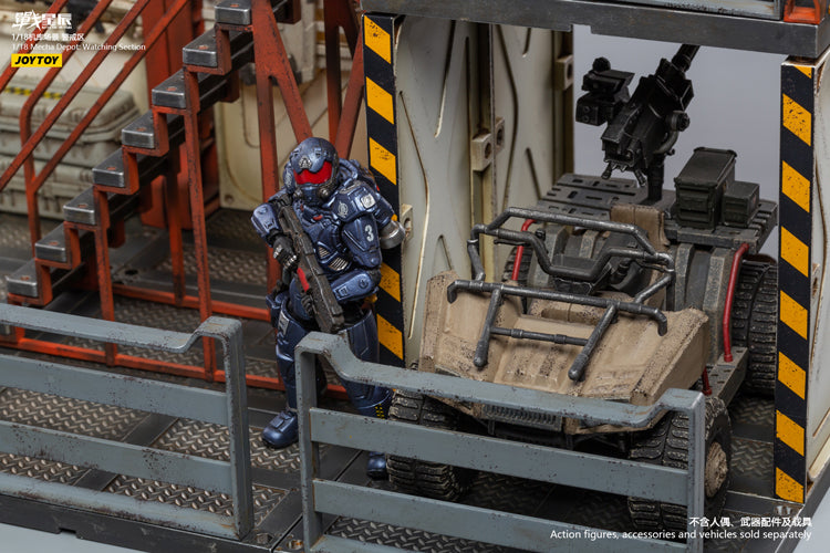 Joy Toy brings even more incredibly detailed 1/18 scale dioramas to life with this mecha depot watch area diorama! JoyToy set includes flooring, a lower deck room, and a staircase leading up to a watch area room.